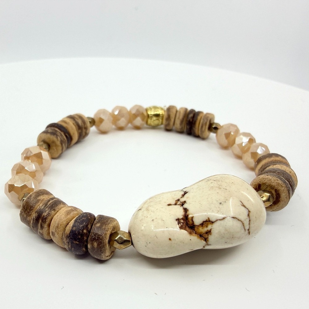 Vintage Boho Beaded Bracelet White Marbled Stone Wood Disc Statement‎ Y2K Retro